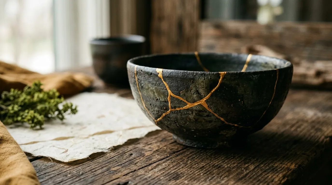 Una ciotola di ceramica scura riparata con le linee d'oro del kintsugi