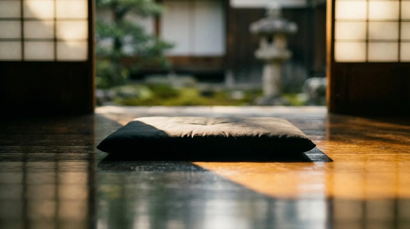 Un cuscino nero da meditazione sul pavimento di legno, davanti al giardino