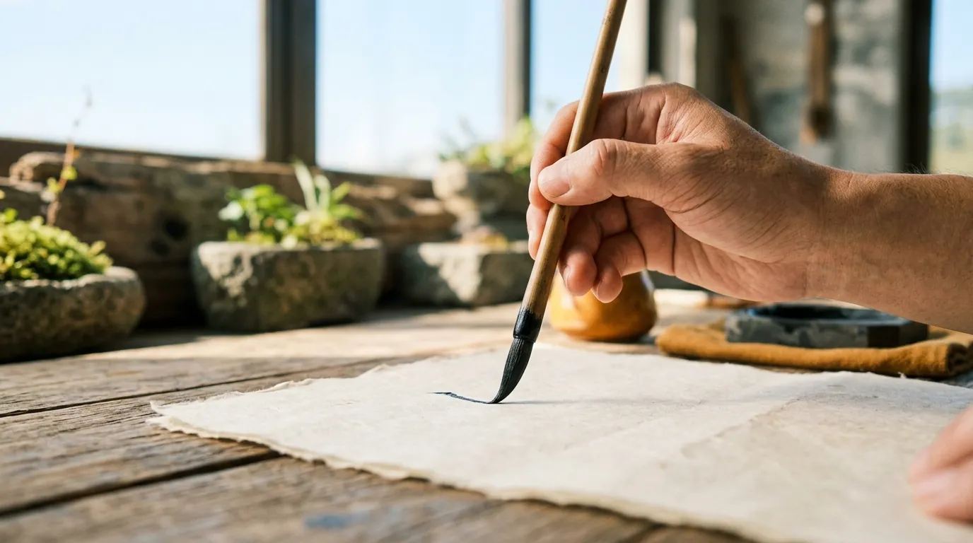 Una mano che scrive una parola a pennello su un foglio di carta