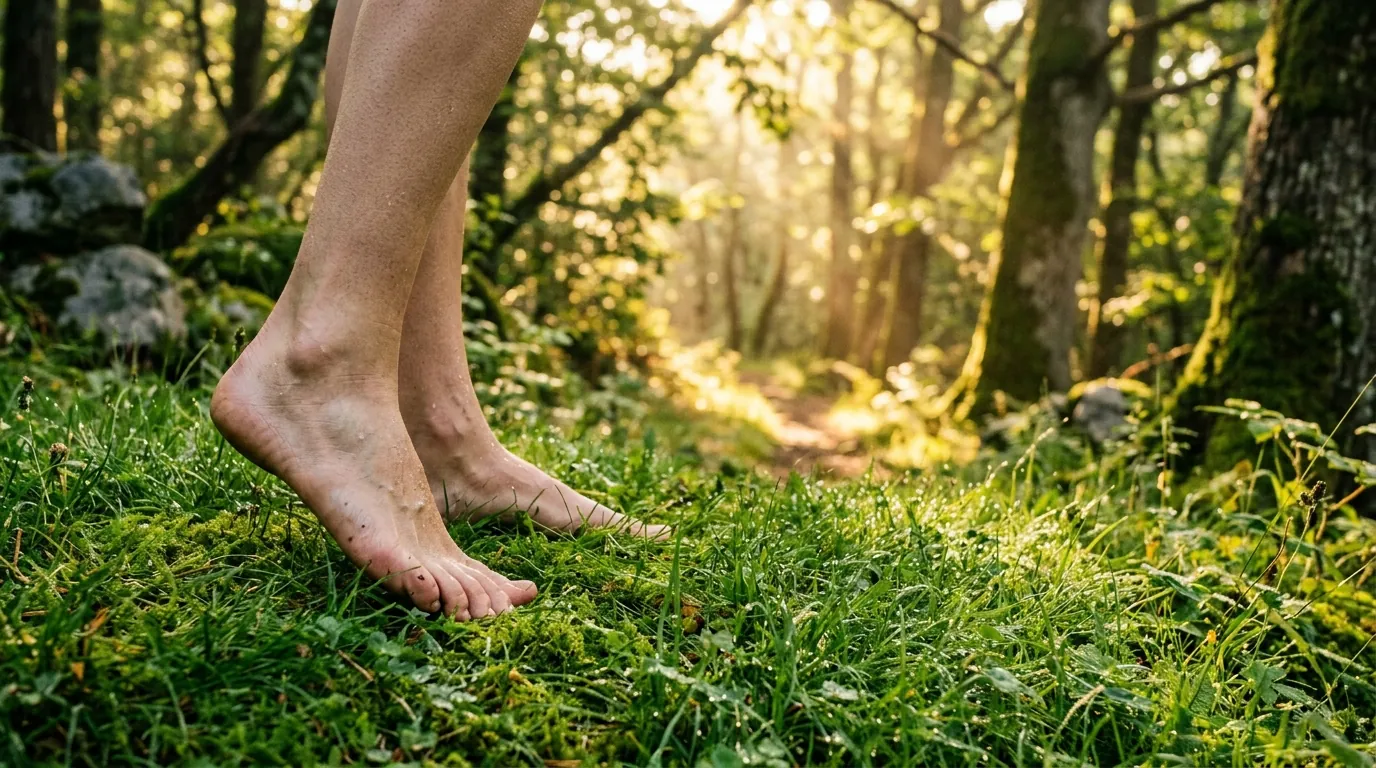 Piedi nudi sull'erba di un bosco illuminato dal sole del mattino