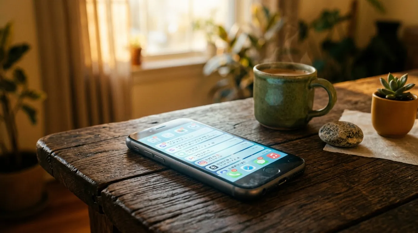 Un telefono pieno di notifiche appoggiato su un tavolo di legno, accanto a una tazza