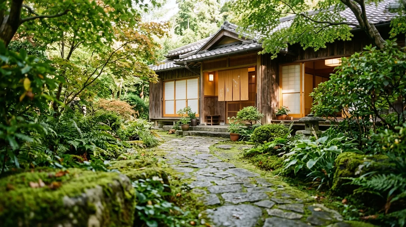 Un sentiero di pietra tra il verde che porta a una casa di legno