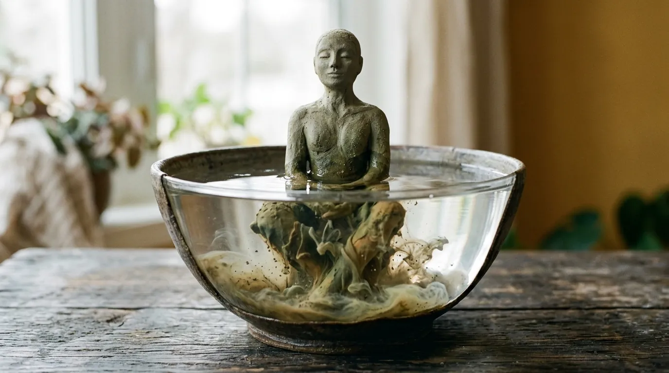 Una statuetta di argilla che si scioglie in una ciotola d'acqua