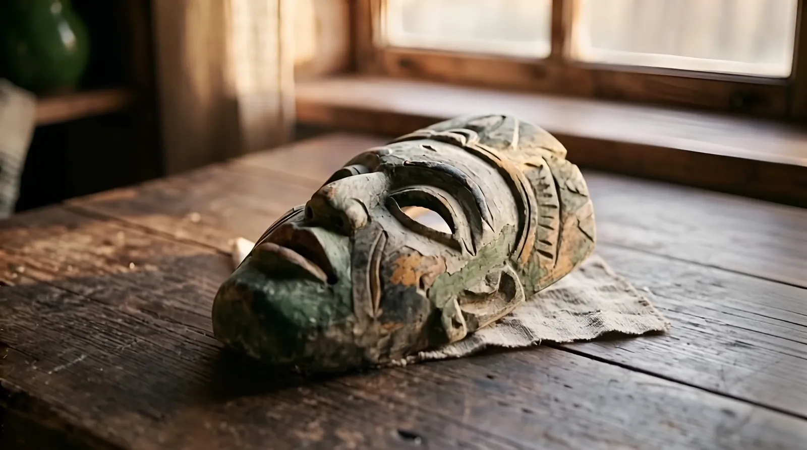 Una maschera di legno appoggiata su un tavolo, vicino alla finestra