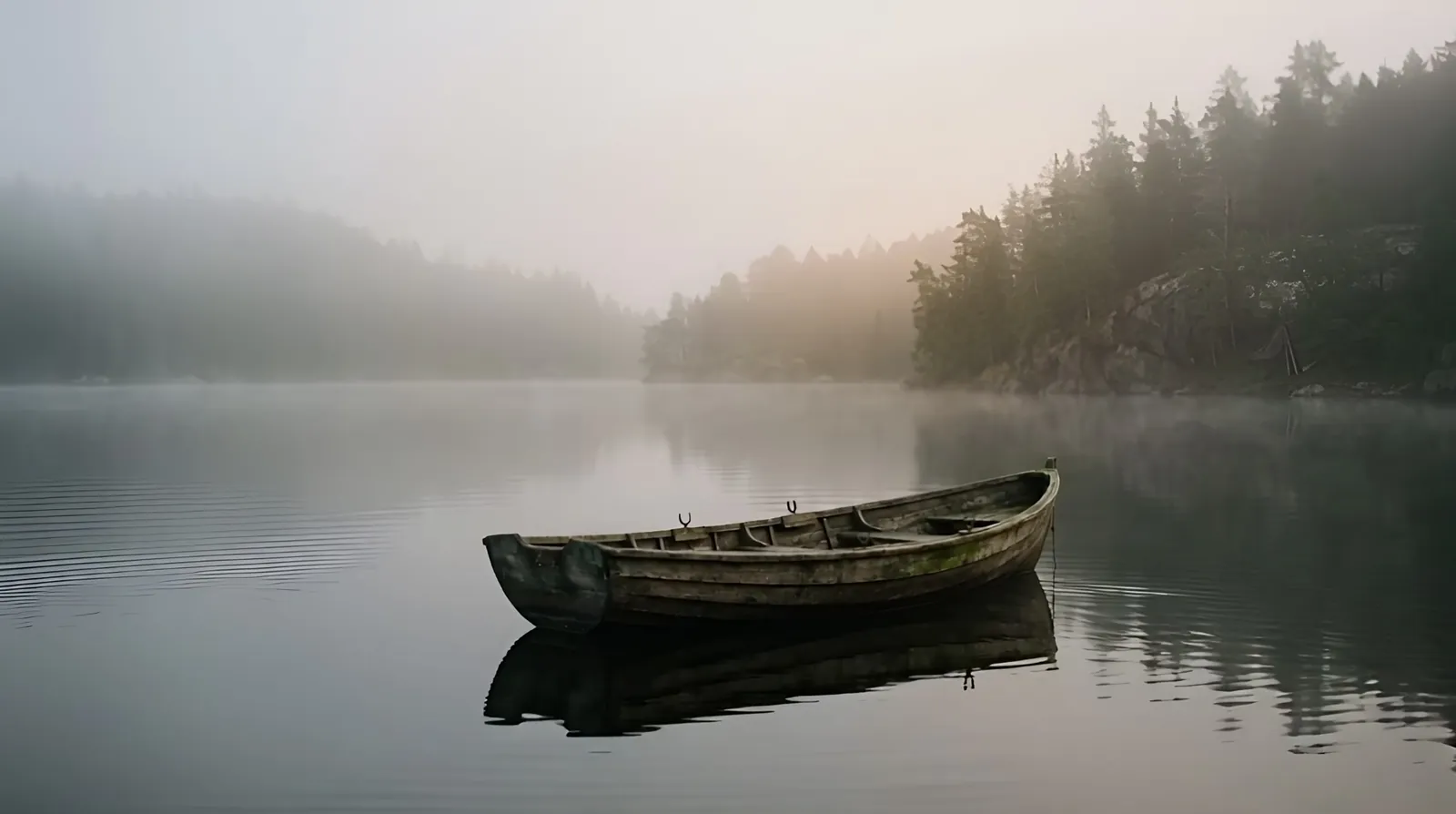 Una barca vuota sull'acqua immobile di un lago avvolto nella nebbia