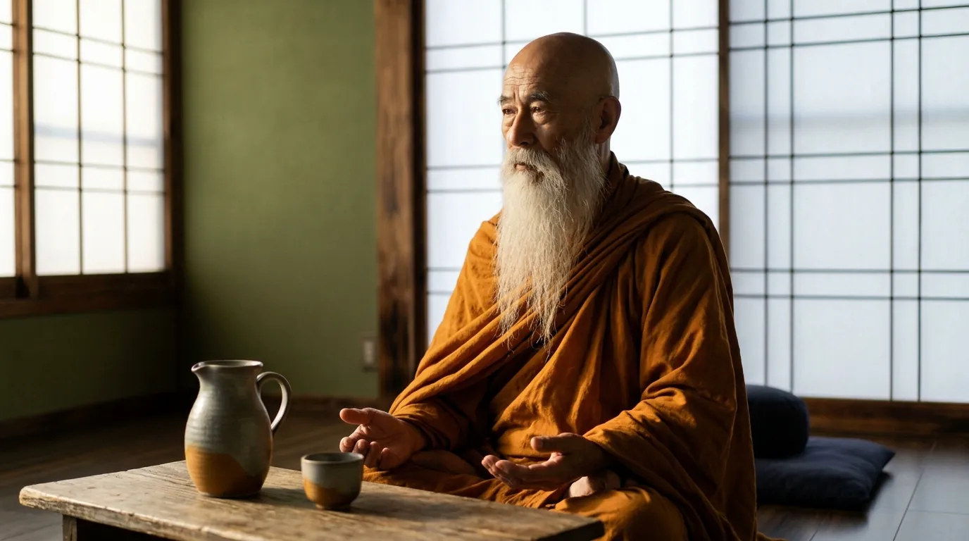 Un anziano monaco Zen in veste arancione seduto accanto a un basso tavolo di legno con una brocca di ceramica e una tazza, in una stanza luminosa