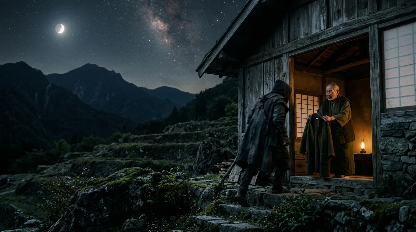 Di notte, sotto un cielo stellato con la luna, un anziano porge la propria veste a una figura scura sulla soglia di una capanna di legno in montagna